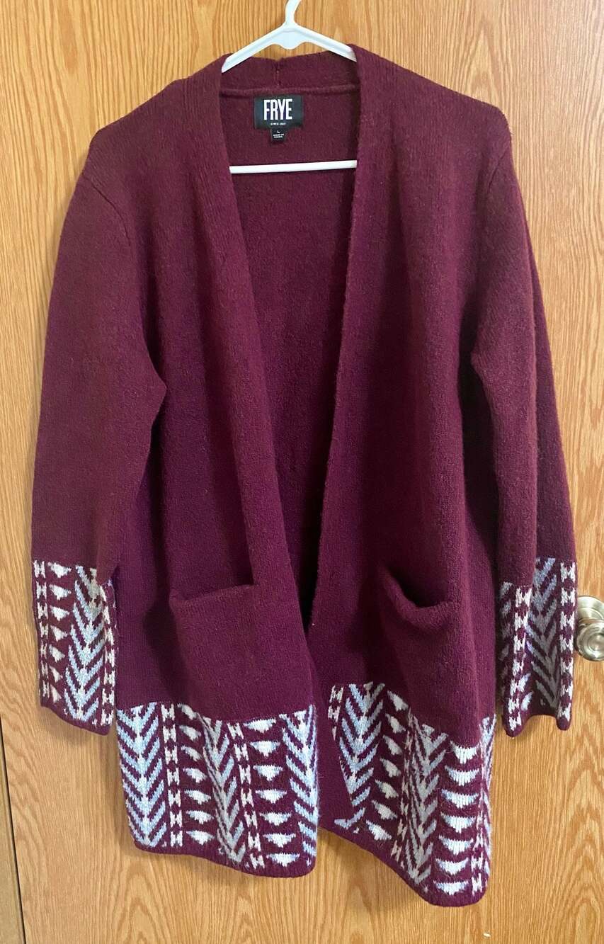Frye Women's Burgundy Geometric Pattern Open-Front Long Cardigan Sweater